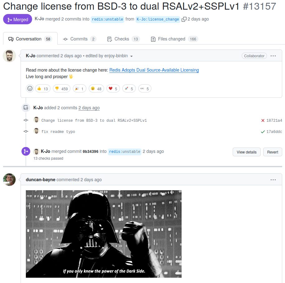 screenshot of the PR merging with many downvotes and darth vader