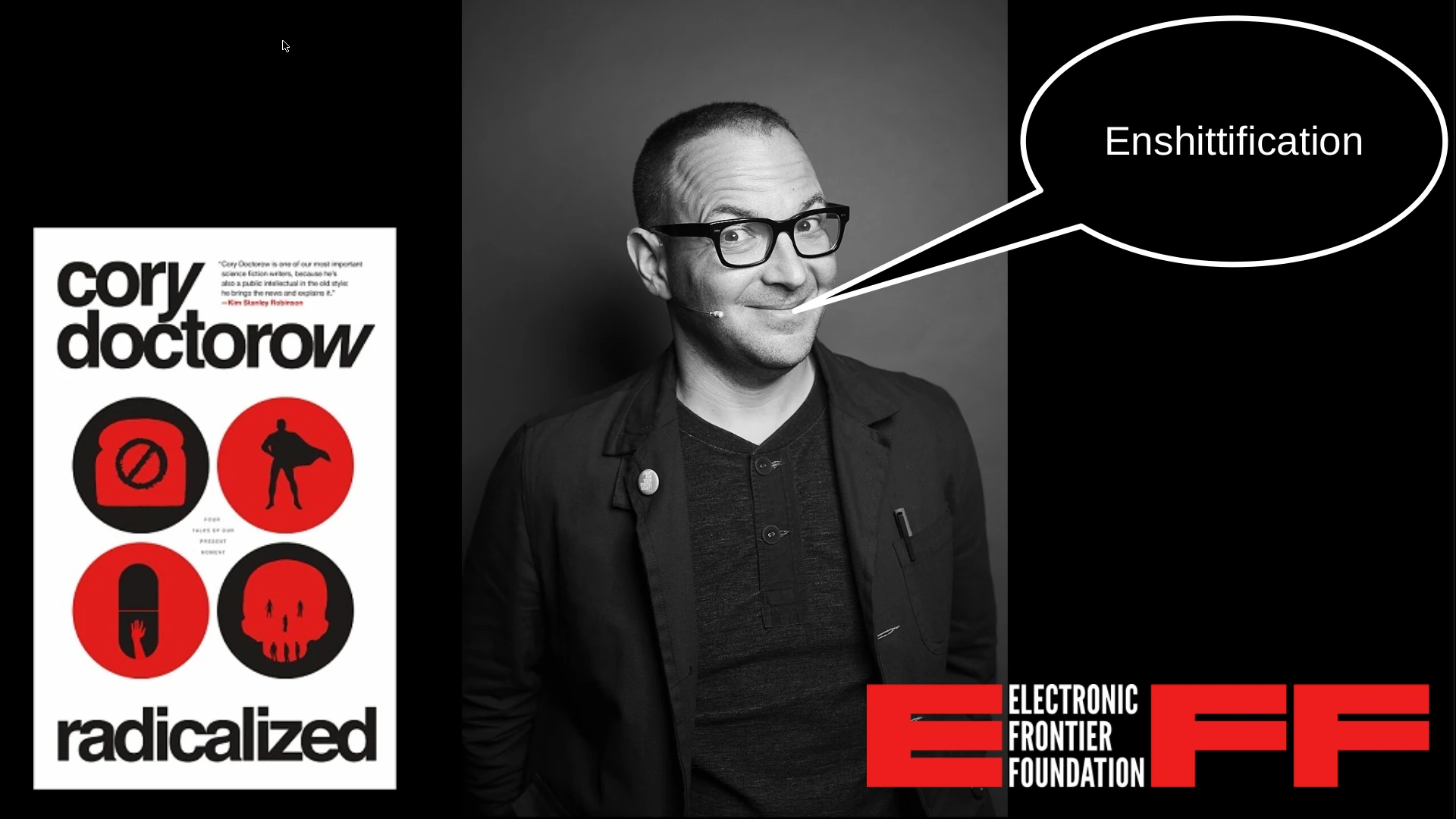 Cory Doctorow photo with callout saying 'enshittification'