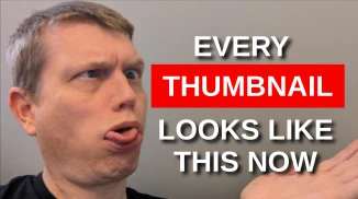 Andrew Kelley making a goofy face next to white and red text that says 'every youtube thumbnail look like this now'