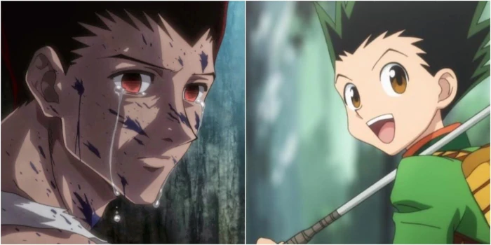 Young Gon Freeces next to adult Gon Freeces looking sad