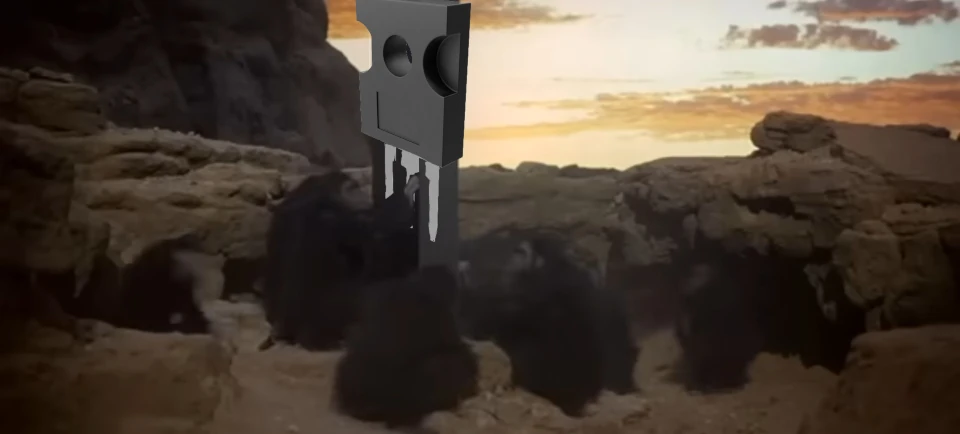 the monolith scene from 2001: space odessy movie with the monolith edited to look like a transistor
